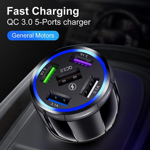 Car Charger Adapter, 5 Port QC3.0 Fast Charging Car Cigarette Lighter USB Charger, Compatible with iPhone, Android,
