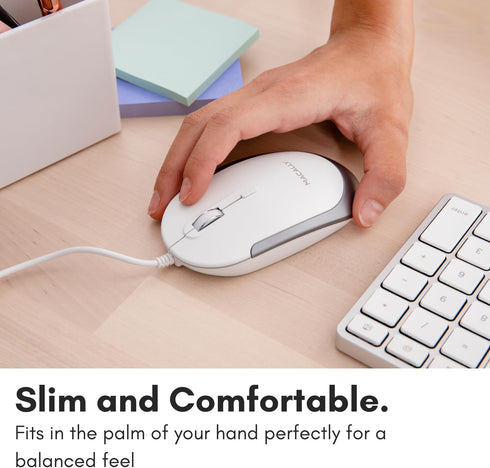 Macally Silent Wired Mouse, Slim & Compact USB Mouse for Apple Mac or Windows PC Laptop/Desktop (White)