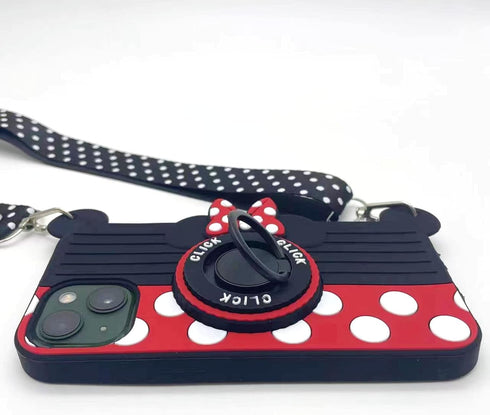 Cute for iPhone 14 Case, 3D Cartoon Camera Rotating Ring Grip Holder Kickstand Lanyard for iPhone 13, 14 - Red