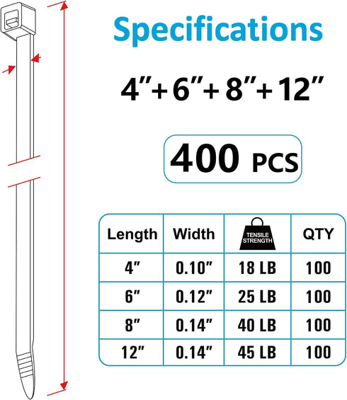 Zip Ties Assorted Sizes(4”+6”+8”+12”), 400 Pack, Black Cable Ties, UV Resistant Wire Ties by ANOSON by ANOSON