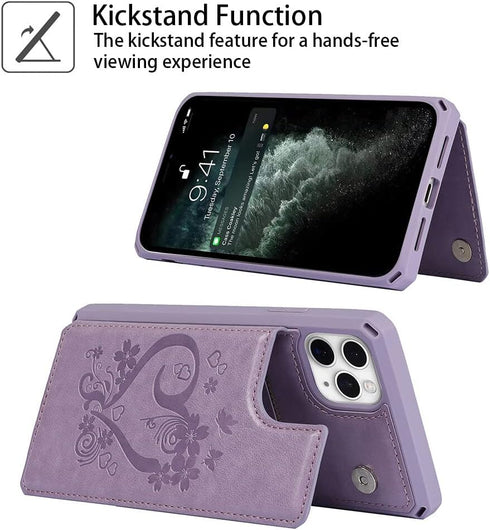 Cavor Card Holder Case for iPhone 11 Pro Max - PU Leather Shockproof Wallet with Credit Card Slots, Heart Purple