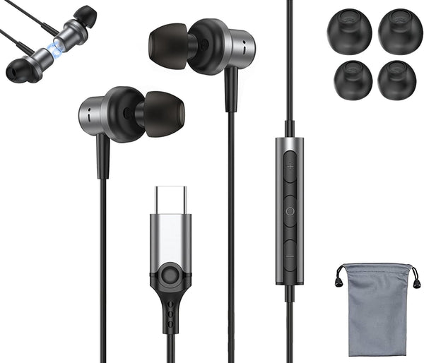 USB Type C Earphones, Wired Earbuds with Magnetic Bass, Noise Canceling Headsets for iPhone 15 Pro Max, Galaxy S23