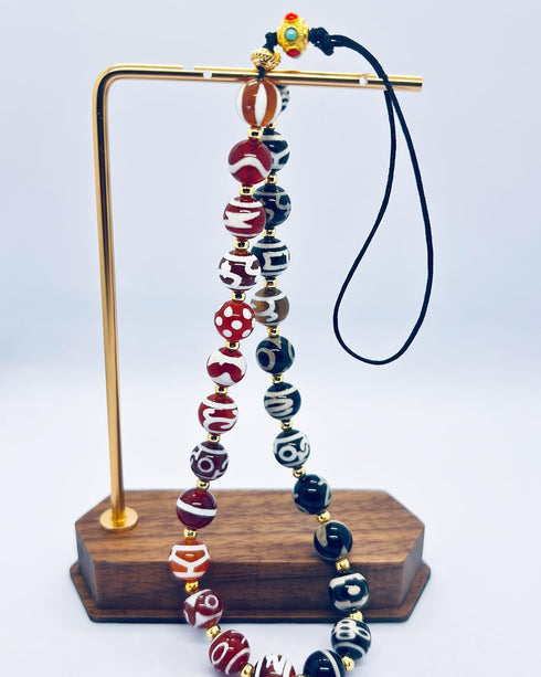 Generic 26 Hand-Woven Agate Bead Lanyard, Natural Agate Beads with Auspicious Carved Patterns, Multi-Use Lanyard