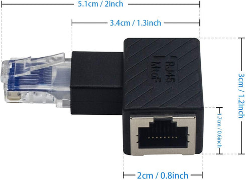 Duttek Ethernet Adapter 90 Degree, Left Angled RJ45 Male to Female Extender Adapter, Cat5e/Cat6 RJ45 Ethernet, 2 Pack