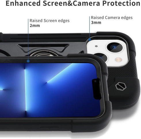 MARKILL iPhone 14 & 13 Case, Black, 360° Rotating Ring Stand, Military Grade Drop Protection, Rugged Heavy Duty Cover