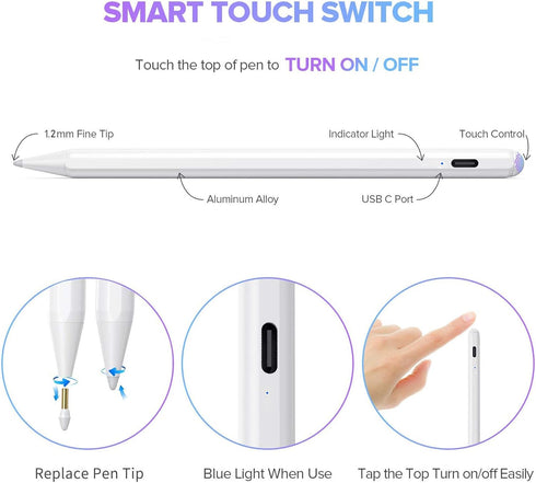 Stylus Pen for iPad, Compatible with iPad Air 3/4/5, Mini 5/6, Pro 11"/12.9", Palm Rejection & Tilt Sensitivity (White)
