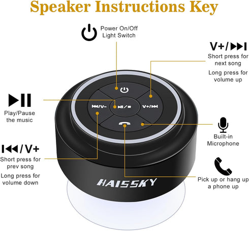Bluetooth Waterproof Shower Speaker, Portable Wireless Speaker with Suction Cup, Small Speaker with Colorful Lights,