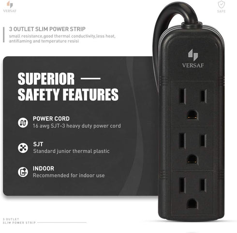 Power Strip 3 Prong Outlet, Slim Black 3 Grounded Outlets, Heavy Duty Extension Cord, No Surge Protector