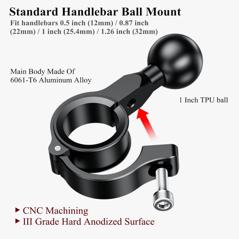 BRCOVAN Handlebar Mount with 1'' TPU Ball Compatible with RAM Mounts B Size Double Socket Arm Fit Rails Diameter 0.5'' 0.87'' 1'' 1.26'' Aluminum Material, CNC Processing, Anodized Surface