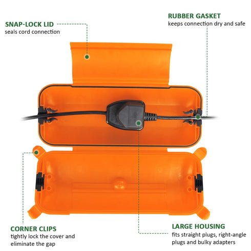 Outdoor Extension Cord Safety Cover with Waterproof Protector Seal, Weatherproof Electrical Connection Box for Outdoor Outlets, Plugs, Sockets, Holiday Decorations, Power Tools, Fountains, Orange