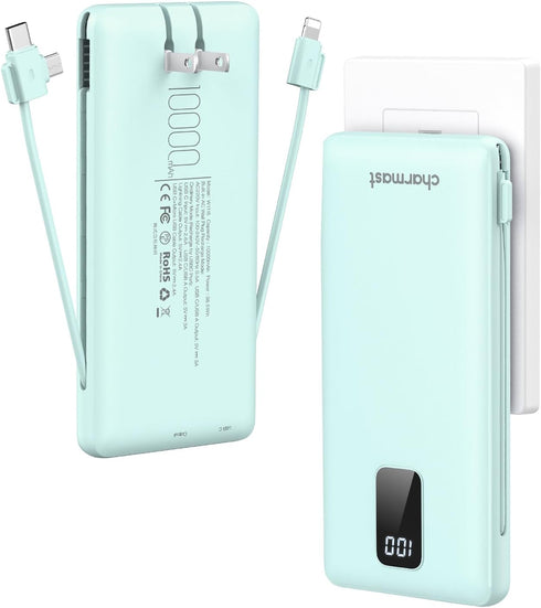 Charmast Portable Charger - 10000mAh USB C Power Bank with Built-in Cables, Fast Charging for Travel Essentials