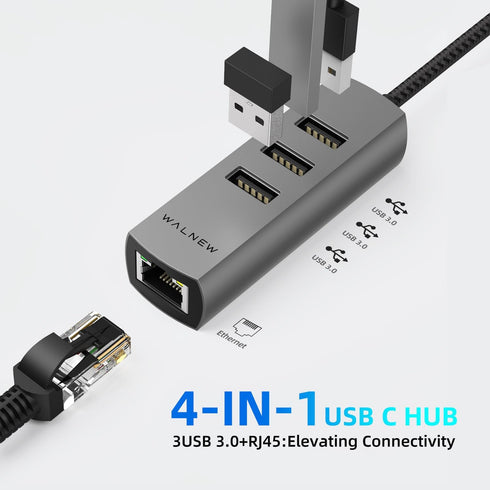 WALNEW USB-C to Ethernet Adapter, 4 in 1 USB C Hub with LAN RJ45, Aluminum Gigabit Network Cable Converter for PC