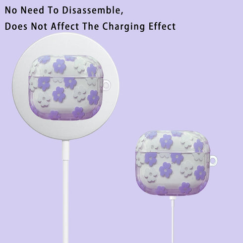 Purple Floral Case for AirPods 3rd Generation, 5 in 1 Kit with Cute Flower Pendant, Cleaning Pen, Wrist Strap