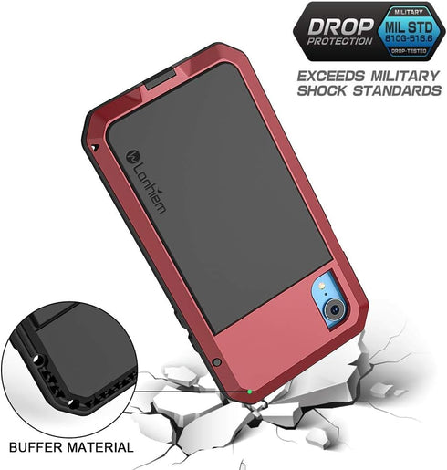 Lanhiem iPhone XR Metal Case, Rugged Full Body Shockproof Cover with Built-in Glass Screen Protector, Red