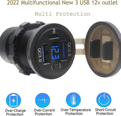 Dual USB Quick Charge 3.0 Port & PD USB C Car Charger Socket, 12V USB Outlet with Voltmeter for Car