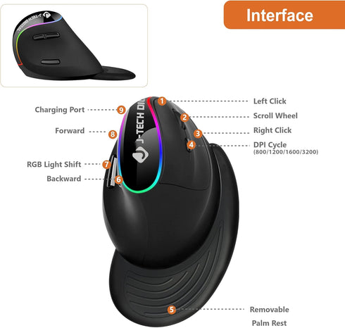 J-Tech Digital Ergonomic Mouse with Wireless Connection, Removable Palm Rest, Thumb Buttons, Rechargeable Battery, 800