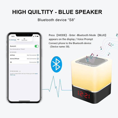 Night Lights Bluetooth Speaker, Alarm Clock Bluetooth Speaker, Dimmable Multi-Color Changing Bedside Lamp, Touch Sensor