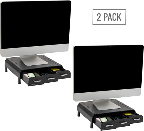 Mind Reader Monitor Stand with 3 Storage Drawers, Desktop Organizer Riser, Set of 2, 13.5"L x 13"W x 4"H, Black
