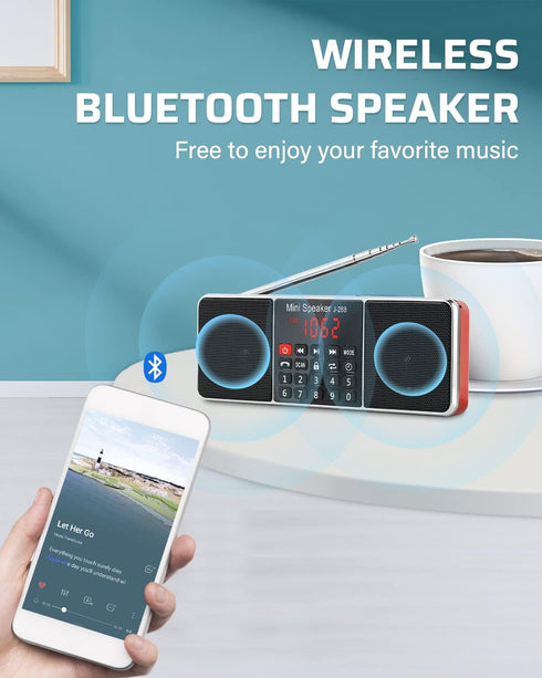 PRUNUS J-288 Portable AM FM Radio with Bluetooth Speaker, Sleep Timer, AUX Input, USB Disk & TF Card MP3 Player