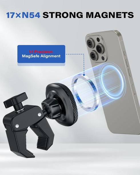 OQTIQ 17 N54 12-17 Phone Holder for Peloton Exercise Bike, Heavy-Duty Clamp & Strong Magnetic Phone Mount