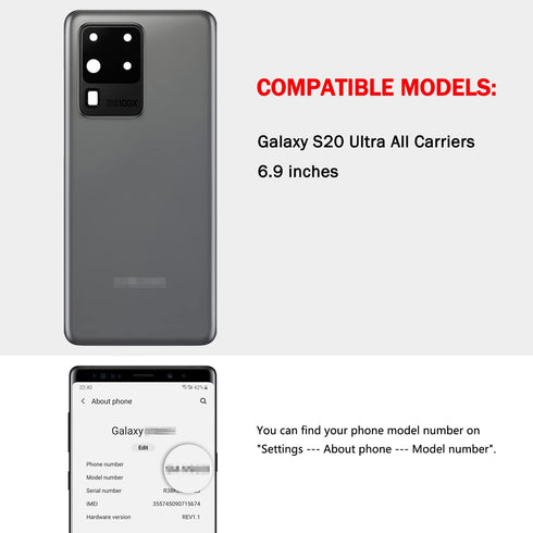Compatible Samsung Galaxy S20 Ultra Back Glass Cover Replacement, 6.9-Inches, Cosmic Grey