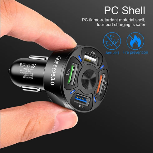 Car Charger Adapter, 4 Ports USB Fast QC3.0 with LED Light Display, Compatible with iPhone 12 Pro Max, Galaxy S20 Ultra