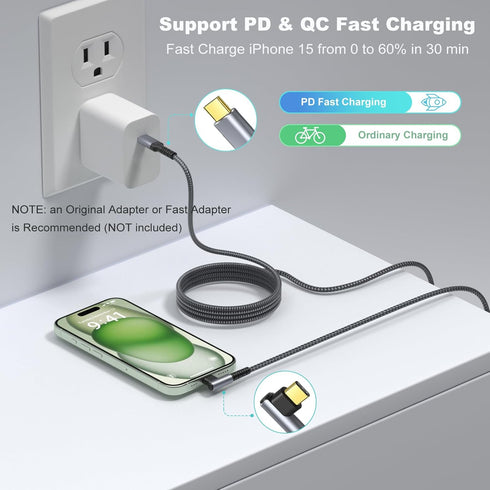 OKRAY USB C Cable, 2-Pack 10ft iPhone 15 Charger Cord USB-C to C 90 Degree Fast Charging Compatible for iPhone 15 Pro