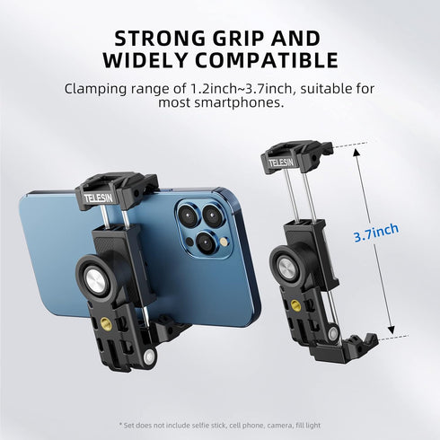 TELESIN Phone Tripod Mount Holder Adapter, Adjustable Cell Phone Stand with Cold Shoe for iPhone 14/13/12/11 Pro