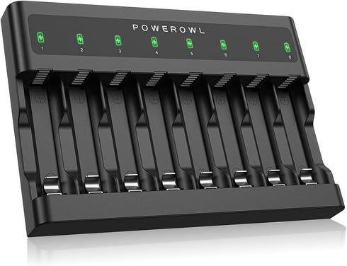 POWEROWL AA AAA Battery Charger 8 Bay, USB Fast Charging for Ni-MH Ni-CD Rechargeable Batteries