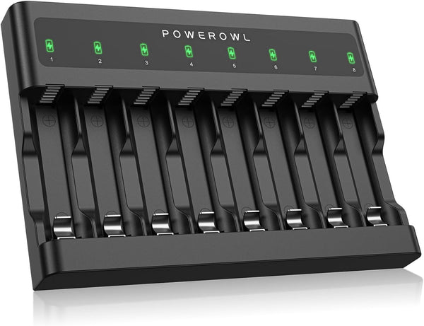 POWEROWL AA AAA Battery Charger 8 Bay, USB Fast Charging for Ni-MH Ni-CD Rechargeable Batteries