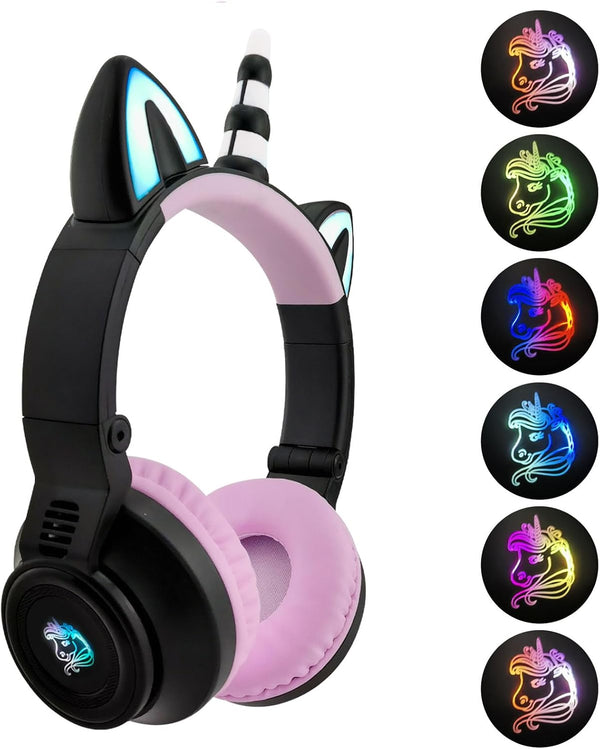 Unicorn Bluetooth Headphones for Girls, Foldable Light Up Kids Wireless Headphones for Toddlers, Birthday Gifts (Black)