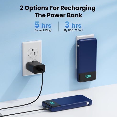 Portable Charger for iPhone, Built-in Cables and Wall Plug, 13800mAh Fast Charging USB C Power Bank, Blue