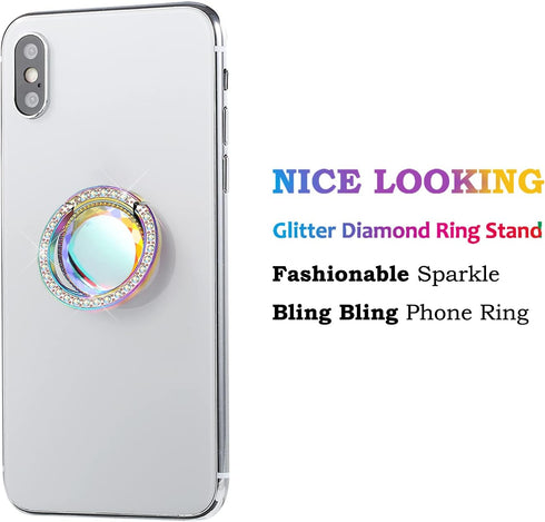 Iridescent Glitter Bling Bling Phone Ring Holder,Sparkle Phone Ring Grip Artificial Stand with Flat Diamond,Flat Rhinestone Cell Finger Ring for Phones,Pad(Rainbow)