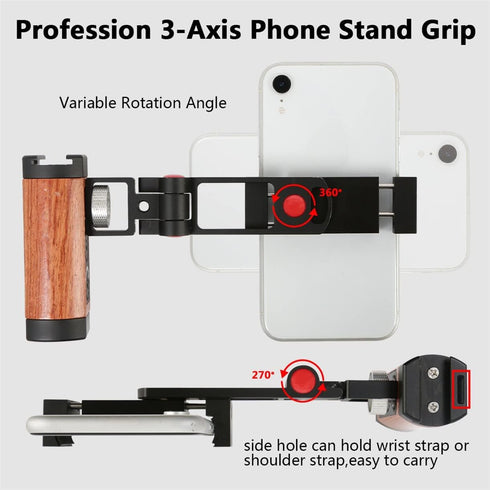 Amykite 1/4 Foldable Smartphone Grip Mount with Wrist Strap, Compatible with Standard Screw Selfie Stick for Tripod