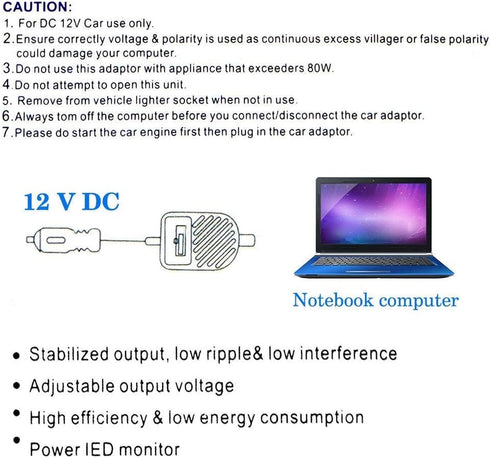 Universal 80W DC Car Charger, 15-24V Power Supply Adapter Set for Laptop Notebook