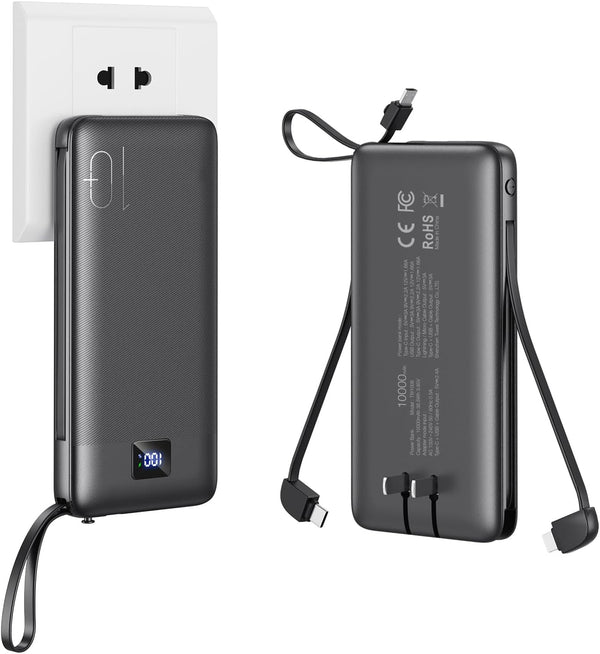 BRIBRON Portable Charger with Built-in Cables 10000mAh Power Bank with Cords, Slim Fast