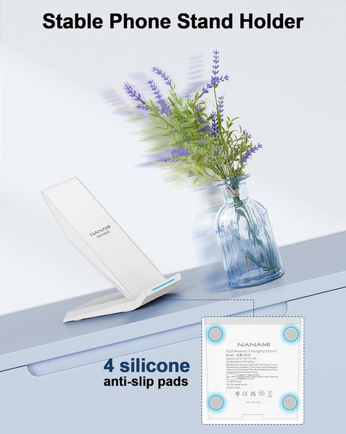 NANAMI Fast Wireless Charger - Qi Certified Charging Stand 7.5W for iPhone 15/14/13/12/SE 2020/11/XS Max, 10W for