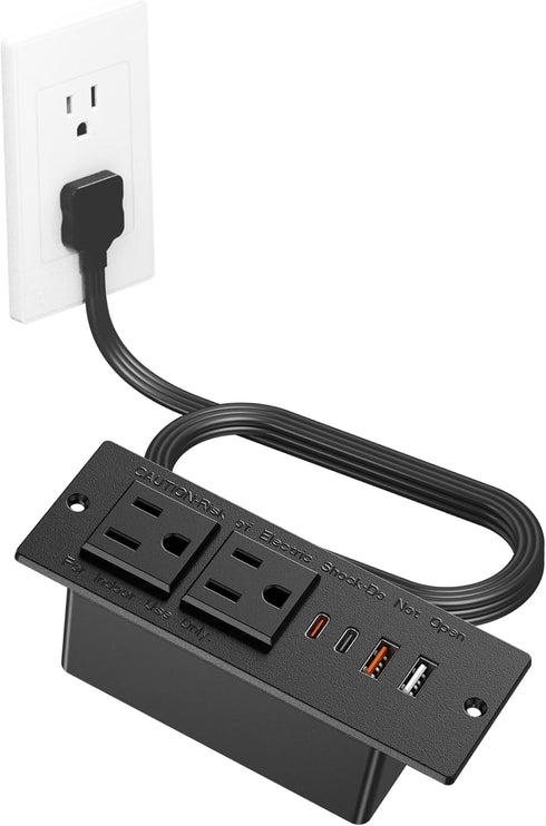 Recessed Power Strip with 30W USB C, Ultra Thin Flat Plug, 2 Outlets, 4 USB Ports, 6ft Cord (Black)