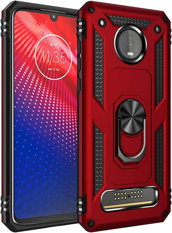 Military Grade Heavy Duty Drop Impact Case for Motorola Moto Z4 & Z4 Play, 360 Metal Rotating Ring Kickstand (Red)