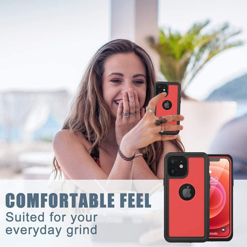 Waterproof Case for iPhone 12, Shockproof Dustproof IP68 Full-Body Hard Case with Built-in Screen Protector, Red
