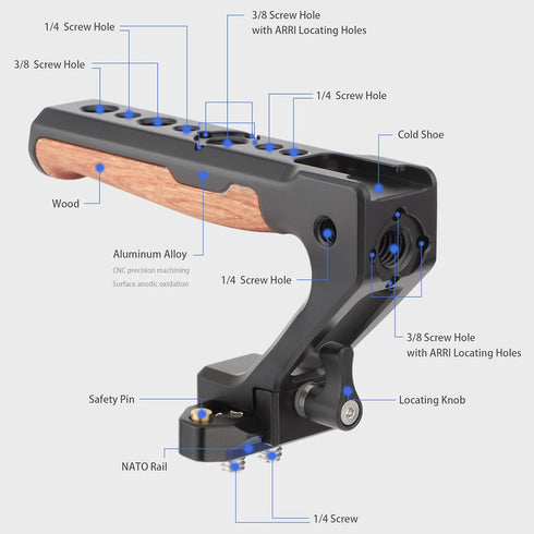 LEFTFOTO Top Handle Quick Release Handgrip with NATO Rail Kit, Wood & Metal Grip for Camera Cage Video Rig
