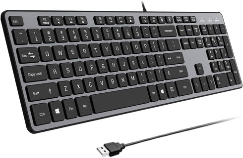 Wired USB Keyboard, Comfortable Quiet Chocolate Keys, Ultra-Slim QWERTY Layout for PC, Windows 11/10/8/7, KB1430 - Gray