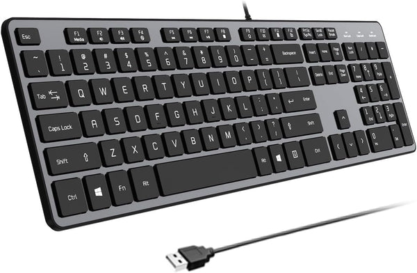 Wired USB Keyboard, Comfortable Quiet Chocolate Keys, Ultra-Slim QWERTY Layout for PC, Windows 11/10/8/7, KB1430 - Gray