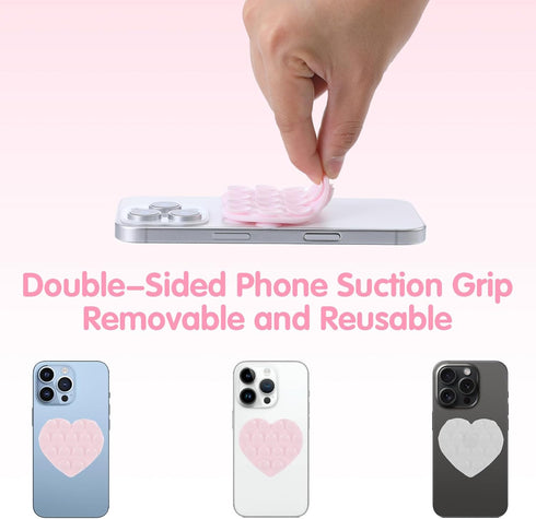 Nogeqi 2PCS Heart Suction Phone Grip Silicone Suction Phone Case Heart Suction Cup Phone Grip Double Sided Suction Cup