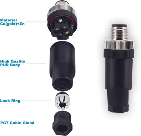 Aviation Connector Plugs, Lonlonty Ethernet M12 Connector Field Wireable IP67 Waterproof Male Plug