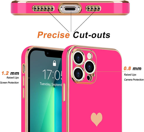 Teageo for iPhone 13 Pro Max Case for Girl Women Cute Love-Heart Luxury Bling Plating Soft Back Cover Raised Camera Protection Bumper Silicone Shockproof Phone Case, Hot Pink