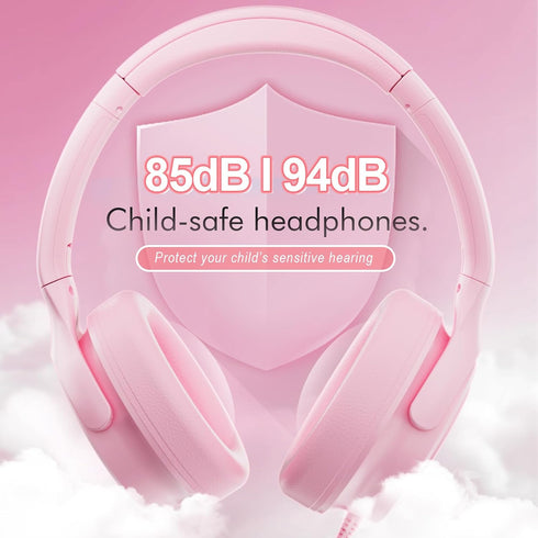 Kids Headphones with Cord, 3.5mm Jack, Safe Volume Control, Built-in Microphone, Pink