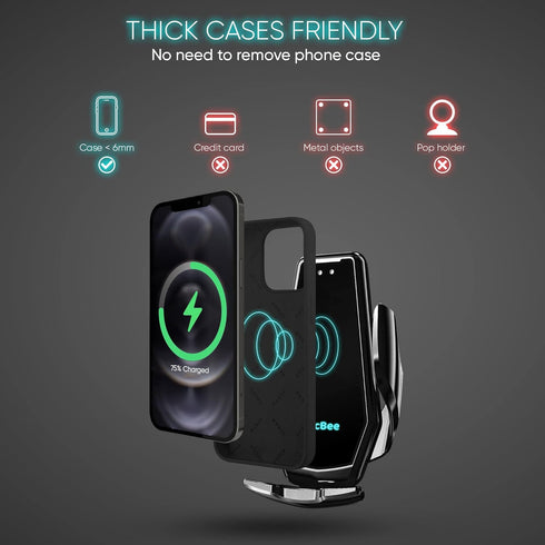 15W Wireless Car Charger - zicBee Qi Fast Charging Auto Clamping Phone Holder for iPhone 15/14/13/12/11 and Samsung
