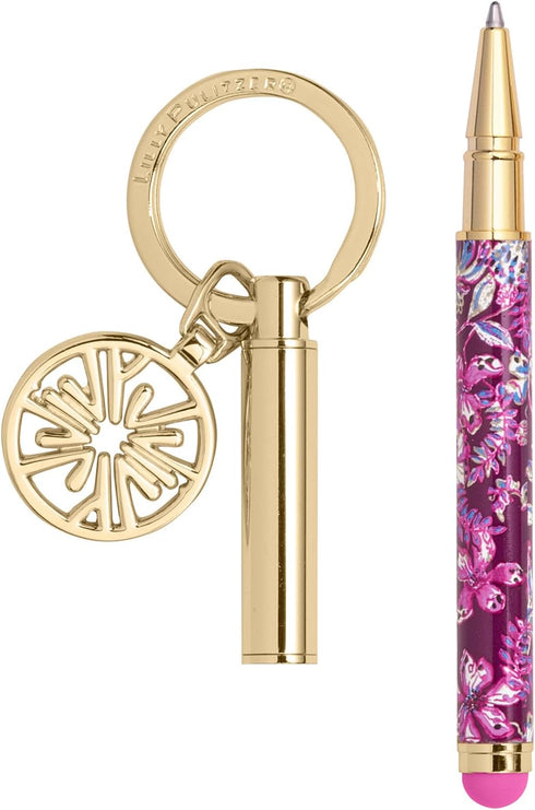 Lilly Pulitzer Keychain Pen with Stylus Tip, Black Ink Ballpoint Pen, Mini Stylus Pen for Tablets Phones and Touch Screens, Amarena Cherry