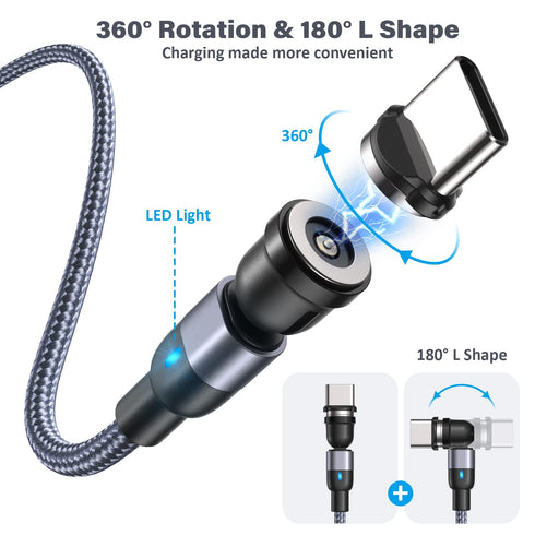 Magnetic Charging Cable 4 Pack (3.3ft/6.6ft/6.6ft/10ft), 540 Degree Rotating Magnetic Phone Charger Cable, 3 in 1 Nylon Braided Magnetic USB Cable for Micro,Type C and iProduct Device